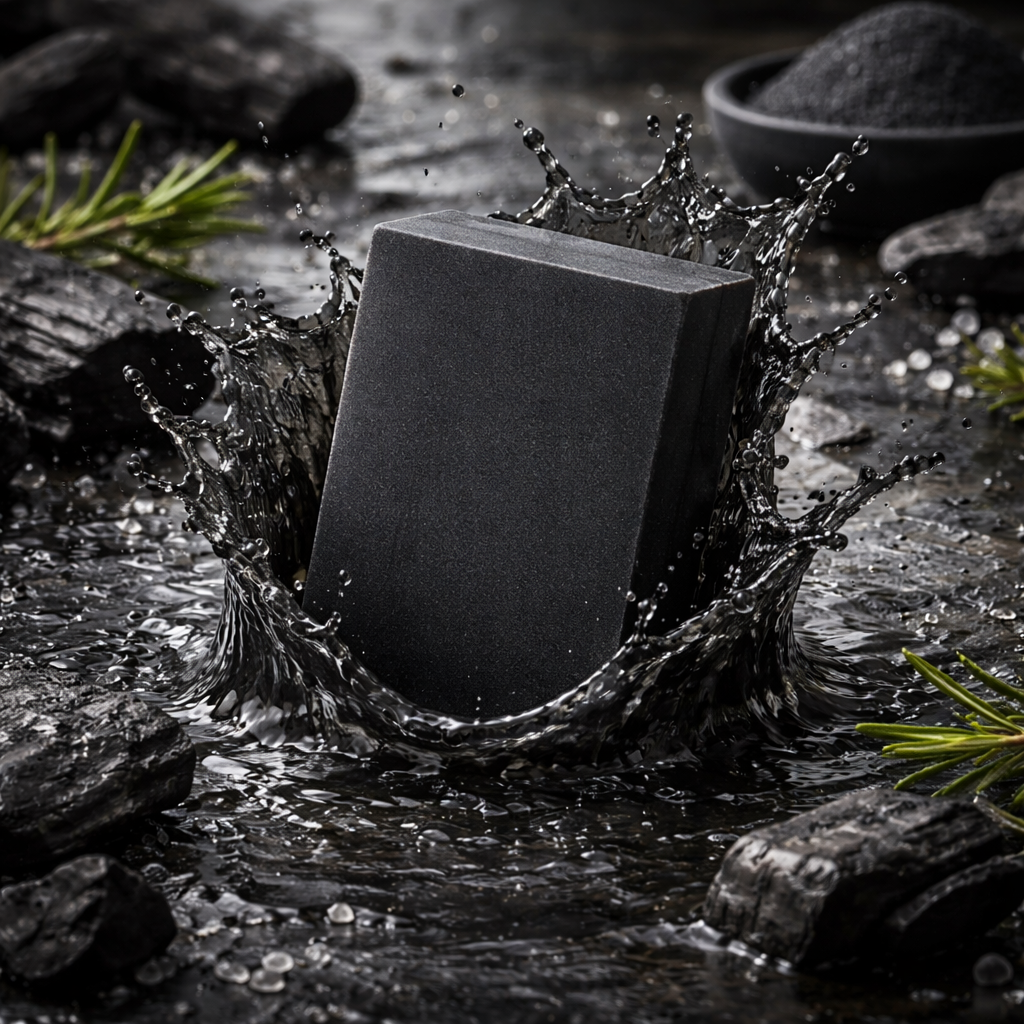 Activated Charcoal soap dunked in a charcoal liquid