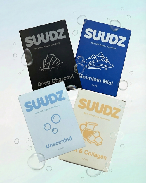 Four SUUDZ product packages on a light blue background