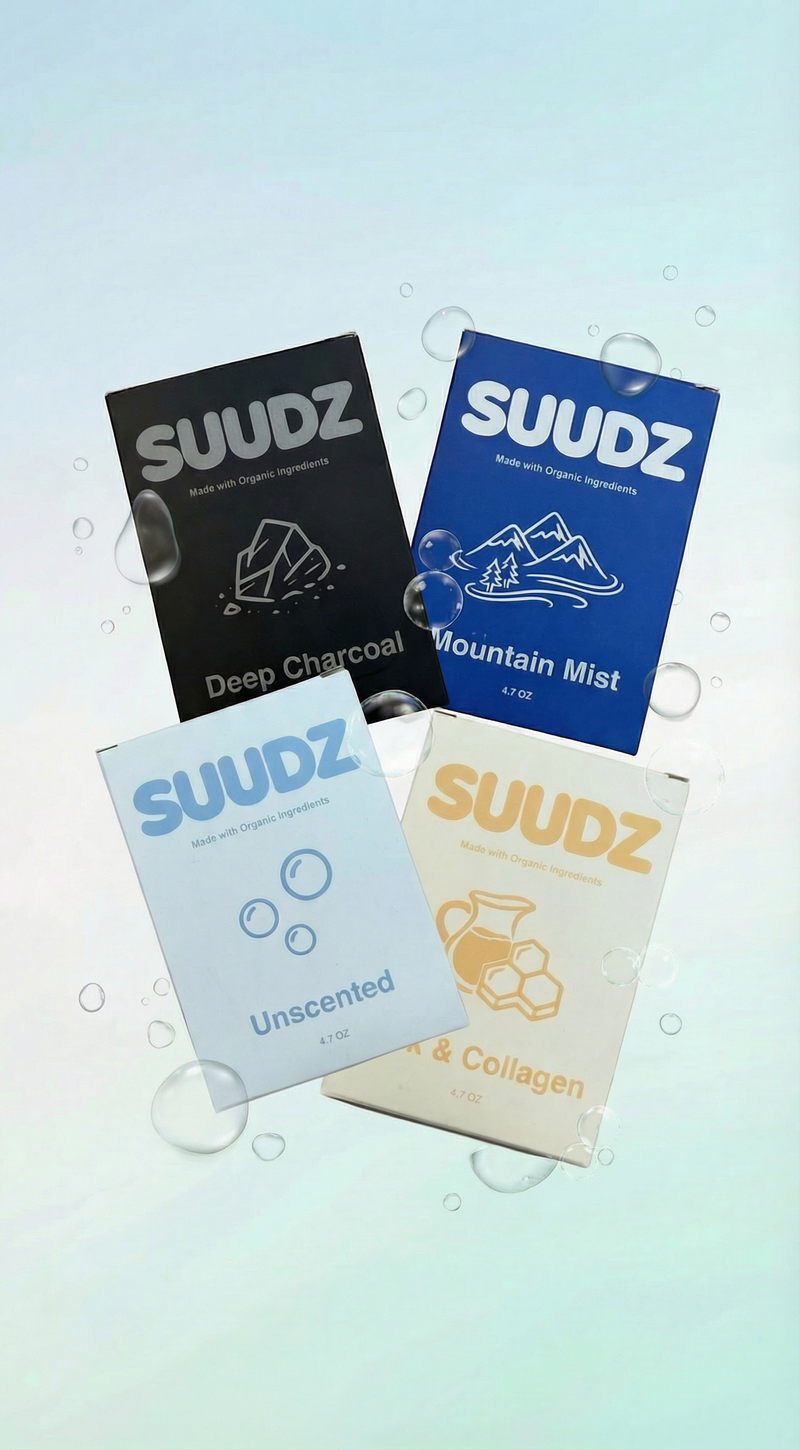 Four SUUDZ product packages on a light blue background