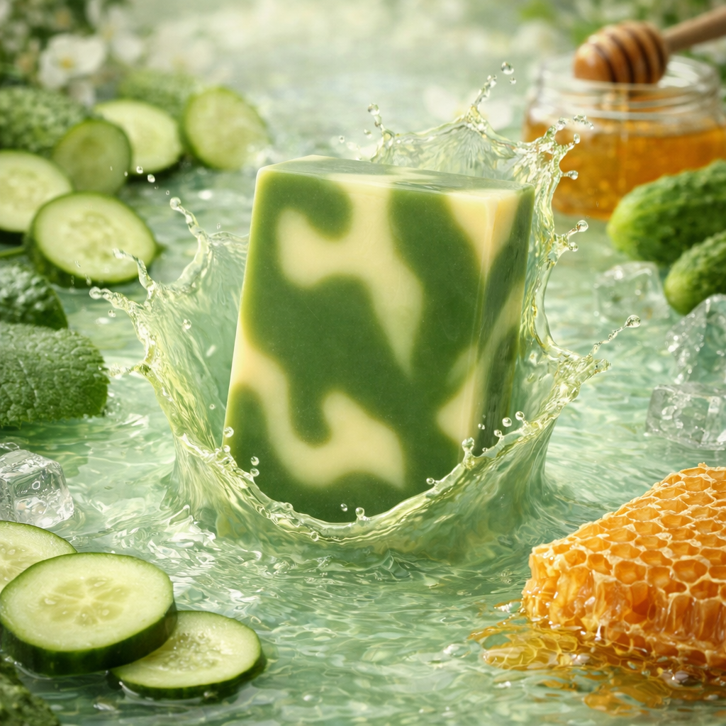 Bar of soap with water splashes surrounded by cucumbers, honey, and ice cubes.