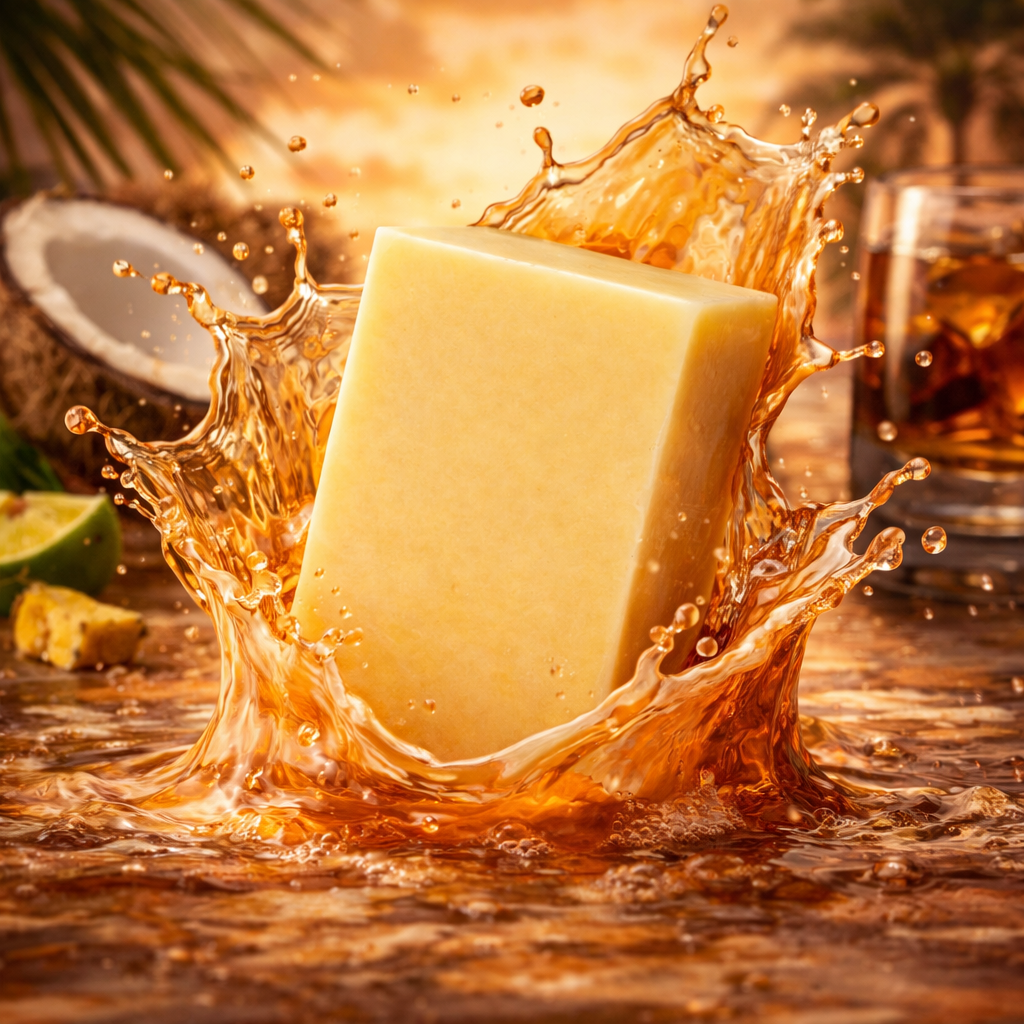 Bar of soap with splashing water and coconut in the background