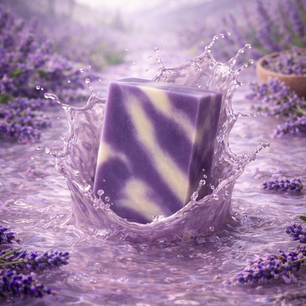 Lavender scented soap dropping in lavender liquid
