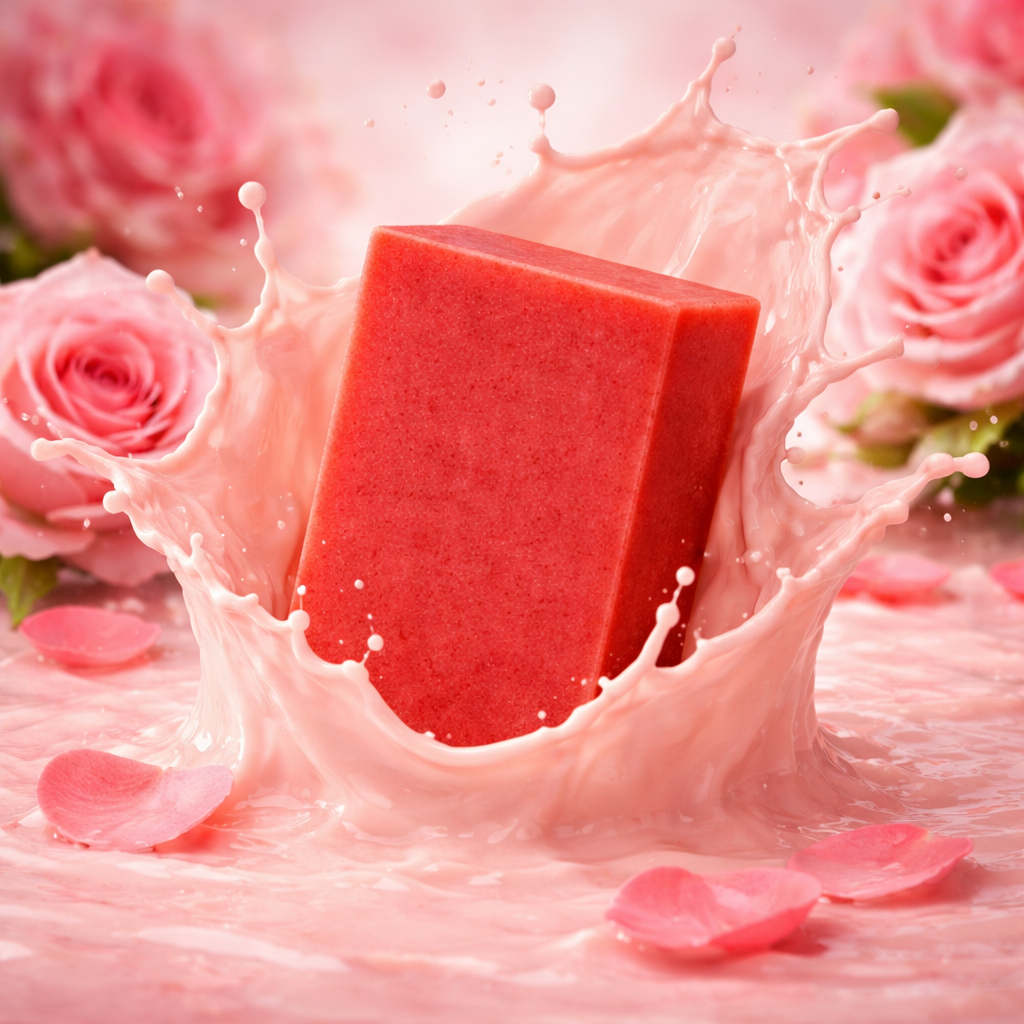 Red soap bar with water splashes and pink roses in the background