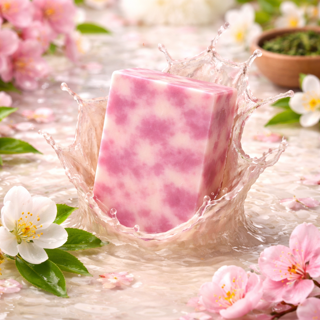A tea blossom scent soap drop in a liquid blossom scent