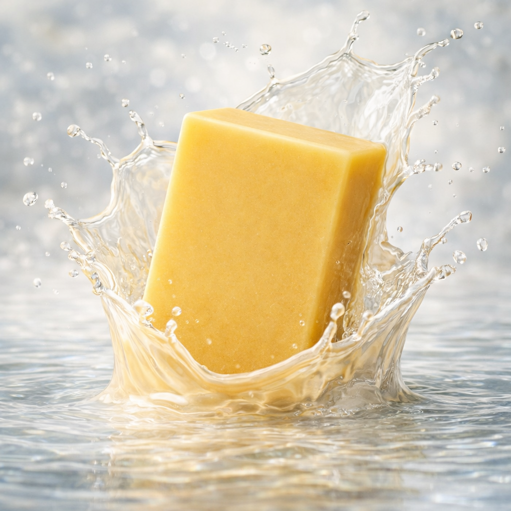 Unscented soap bar dunked in an unscented liquid