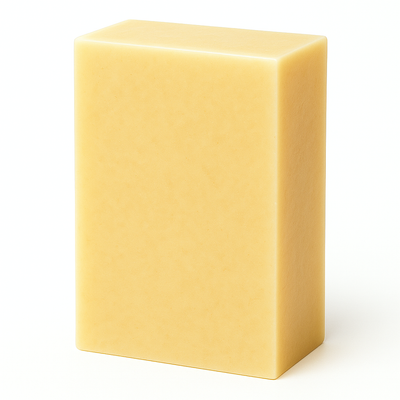Yellow rectangular bar of soap on a white background