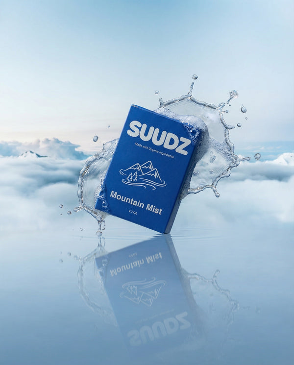SUUDZ Mountain Mist packaging with water splash effect
